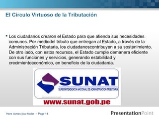 El Círculo Virtuoso de la Tributación

 Los ciudadanos crearon el Estado para que atienda sus necesidades
comunes. Por mediodel tributo que entregan al Estado, a través de la
Administración Tributaria, los ciudadanoscontribuyen a su sostenimiento.
De otro lado, con estos recursos, el Estado cumple demanera eficiente
con sus funciones y servicios, generando estabilidad y
crecimientoeconómico, en beneficio de la ciudadanía.

Here comes your footer  Page 14

 