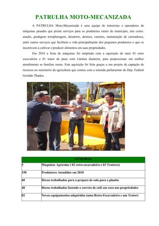 PATRULHA MOTO-MECANIZADA
       A PATRULHA Moto-Mecanizada é uma equipe de tratoristas e operadores de
máquinas pesadas que presta serviços para os produtores rurais do municipio, tais como:
aração, gradagem terraplenagem, desaterro, destoca, carretos, manutenção de carreadores,
entre outros serviços que facilitem a vida principalmente dos pequenos produtores e que os
incentivem a cultivar e produzir alimentos em suas propriedades.
       Em 2010 a frota de máquinas foi ampliada com a aquisição de mais 01 retro
escavafeira e 01 trator de pneu com Lâmina dianteira, para proprocionar um melhor
atendimento as familias rurais. Esta aquisição foi feita graças a um projeto de captação de
recursos no ministerio da agricultura que contou com a emenda parlamentar do Dep. Federal
Geraldo Thadeu.




                                       NÚMEROS:
5             Maquinas Agrícolas ( 02 retro-escavadeira e 03 Tratores)

150           Produtores Atendidos em 2010

60            Horas trabalhadas para o preparo de solo para o plantio

40            Horas trabalhadas fazendo o carreto de café em coco nas propriedades

02            Novos equipamentos adquiridos (uma Retro-Escavadeira e um Trator)
 