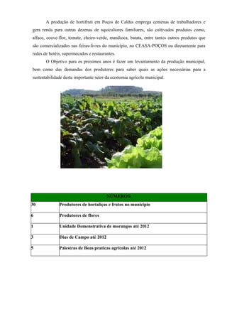 A produção de hortifruti em Poços de Caldas emprega centenas de trabalhadores e
gera renda para outras dezenas de aquicultores familiares, são cultivados produtos como,
alface, couve-flor, tomate, cheiro-verde, mandioca, batata, entre tantos outros produtos que
são comercializados nas feiras-livres do município, no CEASA-POÇOS ou diretamente para
redes de hotéis, supermecados e restaurantes.
       O Objetivo para os proximos anos é fazer um levantamento da produção municipal,
bem como das demandas dos produtores para saber quais as ações necessárias para a
sustentabilidade deste importante setor da economia agrícola municipal.




                                        NÚMEROS:
30            Produtores de hortaliças e frutos no municipio

6             Produtores de flores

1             Unidade Demenstrativa de morangos até 2012

3             Dias de Campo até 2012

5             Palestras de Boas praticas agrícolas até 2012
 