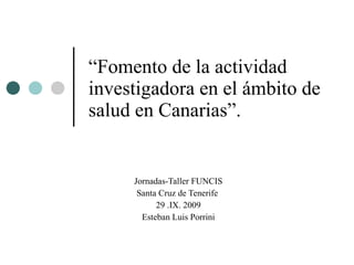 “ Fomento de la actividad investigadora en el ámbito de salud en Canarias”.  Jornadas-Taller FUNCIS Santa Cruz de Tenerife  29 .IX. 2009 Esteban Luis Porrini 