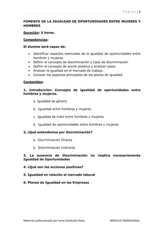 Fomento de la igualdad de oportunidades entre mujeres y hombres | PDF