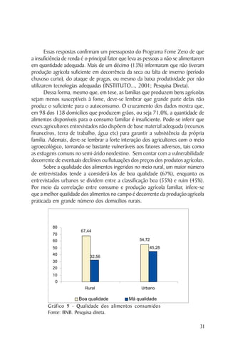 Essas respostas confirmam um pressuposto do Programa Fome Zero de que
a insuficiência de renda é o principal fator que leva as pessoas a não se alimentarem
em quantidade adequada. Mais de um décimo (13%) informaram que não tiveram
produção agrícola suficiente em decorrência da seca ou falta de inverno (período
chuvoso curto), do ataque de pragas, ou mesmo da baixa produtividade por não
utilizarem tecnologias adequadas (INSTITUTO..., 2001; Pesquisa Direta).
       Dessa forma, mesmo que, em tese, as famílias que produzem bens agrícolas
sejam menos susceptíveis à fome, deve-se lembrar que grande parte delas não
produz o suficiente para o autoconsumo. O cruzamento dos dados mostra que,
em 98 dos 138 domicílios que produzem grãos, ou seja 71,0%, a quantidade de
alimentos disponíveis para o consumo familiar é insuficiente. Pode-se inferir que
esses agricultores entrevistados não dispõem de base material adequada (recursos
financeiros, terra de trabalho, água etc) para garantir a subsistência da própria
família. Ademais, deve-se lembrar a forte interação dos agricultores com o meio
agroecológico, tornando-se bastante vulneráveis aos fatores adversos, tais como
as estiagens comuns no semi-árido nordestino. Sem contar com a vulnerabilidade
decorrente de eventuais declínios ou flutuações dos preços dos produtos agrícolas.
       Sobre a qualidade dos alimentos ingeridos no meio rural, um maior número
de entrevistados tende a considerá-los de boa qualidade (67%), enquanto os
entrevistados urbanos se dividem entre a classificação boa (55%) e ruim (45%).
Por meio da correlação entre consumo e produção agrícola familiar, infere-se
que a melhor qualidade dos alimentos no campo é decorrente da produção agrícola
praticada em grande número dos domicílios rurais.



          80
                        67,44
          70
          60                                         54,72

          50                                              45,28
          40
                            32,56
          30
          20
          10
           0
                          Rural                       Urbano

                       Boa qualidade           Má qualidade
        Gráfico 9 - Qualidade dos alimentos consumidos
        Fonte: BNB. Pesquisa direta.

                                                                                  31
 