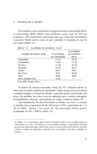 5 - OCUPAÇÃO E RENDA


     Os produtores rurais constituíram a categoria de maior representação dentre
os entrevistados (82%). Dentre esses produtores rurais, cerca de 30% são
ocupantes e 28%, proprietários, percentual maior que a soma dos arrendatários
e parceiros. Podem ocorrer casos em que o produtor se enquadra em mais de
uma opção (Tabela 13).

       Tabela 13 - Condição de produtor rural 7
                                                                             % em Relação
             Condição de Produtor Rural               % em Relação          aos Produtores
                                                     aos Entrevistados          Rurais
        Proprietário                                      23,16                 28,39
        Arrendatário                                      12,63                 15,48
        Parceiro                                          11,58                 14,19
        Ocupante                                          24,74                 30,32
        Diarista                                           0,53                  0,65
        Sem Terra                                          8,95                 10,97
        Outra                                              0,00                  0,00
        Não é produtor rural                              18,42                   ---
        Fonte: BNB. Pesquisa direta.

      O número de diaristas declarados, menos de 1%, é bastante inferior ao
observado em outras respostas do questionário. Supõe-se que isso ocorra devido
à condição irregular e eventual do trabalho, razão pela qual os entrevistados não
citam essa atividade. Isso talvez sirva de explicação para o enorme contingente
de trabalhadores informais, especialmente no campo, conforme Gráfico 10.
      Aproximadamente 9% dos entrevistados se intitula “sem terra”, o restante
se distribui entre proprietários de até 10 hectares (57%) e proprietário de 11 a
30 ha (10%). Apenas 1 (ou menos de 1%) entrevistado declara possuir
propriedade de 201 a 500 ha (Tabela 14).



7
    As Tabelas 13 e 14 apresentam alguns números divergentes entre si, isso se explica porque os
    entrevistados, por vezes, confundem-se em suas respostas, ademais, no questionário não estão
    previstos auto-ajustes dos dados. Dessa forma, prefere-se deixar explícita a discrepância, mantendo
    cuidado na análise das informações, sabendo-se que tal divergência não afeta a qualidade da
    pesquisa.


                                                                                                    37
 