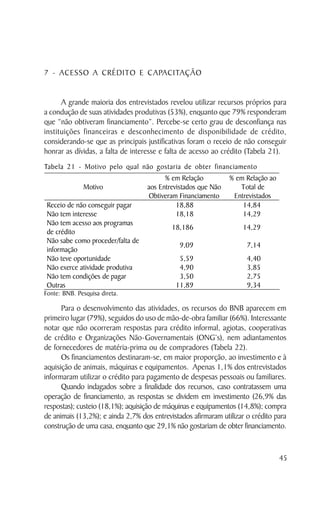 7 - ACESSO A CRÉDITO E CAPACITAÇÃO


      A grande maioria dos entrevistados revelou utilizar recursos próprios para
a condução de suas atividades produtivas (53%), enquanto que 79% responderam
que “não obtiveram financiamento”. Percebe-se certo grau de desconfiança nas
instituições financeiras e desconhecimento de disponibilidade de crédito,
considerando-se que as principais justificativas foram o receio de não conseguir
honrar as dívidas, a falta de interesse e falta de acesso ao crédito (Tabela 21).
Tabela 21 - Motivo pelo qual não gostaria de obter financiamento
                                         % em Relação           % em Relação ao
              Motivo               aos Entrevistados que Não       Total de
                                   Obtiveram Financiamento       Entrevistados
 Receio de não conseguir pagar               18,88                  14,84
 Não tem interesse                           18,18                  14,29
 Não tem acesso aos programas
                                            18,186                  14,29
 de crédito
 Não sabe como proceder/falta de
                                              9,09                    7,14
 informação
 Não teve oportunidade                        5,59                    4,40
 Não exerce atividade produtiva               4,90                    3,85
 Não tem condições de pagar                   3,50                    2,75
 Outras                                      11,89                    9,34
Fonte: BNB. Pesquisa direta.

      Para o desenvolvimento das atividades, os recursos do BNB aparecem em
primeiro lugar (79%), seguidos do uso de mão-de-obra familiar (66%). Interessante
notar que não ocorreram respostas para crédito informal, agiotas, cooperativas
de crédito e Organizações Não-Governamentais (ONG’s), nem adiantamentos
de fornecedores de matéria-prima ou de compradores (Tabela 22).
      Os financiamentos destinaram-se, em maior proporção, ao investimento e à
aquisição de animais, máquinas e equipamentos. Apenas 1,1% dos entrevistados
informaram utilizar o crédito para pagamento de despesas pessoais ou familiares.
      Quando indagados sobre a finalidade dos recursos, caso contratassem uma
operação de financiamento, as respostas se dividem em investimento (26,9% das
respostas); custeio (18,1%); aquisição de máquinas e equipamentos (14,8%); compra
de animais (13,2%); e ainda 2,7% dos entrevistados afirmaram utilizar o crédito para
construção de uma casa, enquanto que 29,1% não gostariam de obter financiamento.


                                                                                  45
 