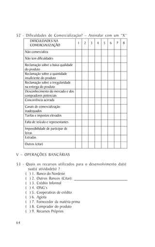 52 - Dificuldades de Comercialização? – Assinalar com um “X”
        DIFICULDADES NA
                                          1   2   3   4   5   6   7   8
        COMERCIALIZAÇÃO
     Não comercializa
     Não tem dificuldades
     Reclamação sobre a baixa qualidade
     do produto
     Reclamação sobre a quantidade
     insuficiente do produto
     Reclamação sobre a irregularidade
     na entrega do produto
     Desconhecimento do mercado e dos
     compradores potenciais
     Concorrência acirrada
     Canais de comercialização
     inadequados
     Tarifas e impostos elevados
     Falta de veículo e representantes
     Impossibilidade de participar de
     feiras
     Estradas
     Outros (citar)

V – OPERAÇÕES BANCÁRIAS

53 - Quais os recursos utilizados para o desenvolvimento da(s)
      sua(s) atividade(s) ?
     ( ) 1. Banco do Nordeste
     ( ) 2. Outros Bancos (Citar): __________________________
     ( ) 3. Crédito Informal
     ( ) 4. ONG’s
     ( ) 5. Cooperativas de crédito
     ( ) 6. Agiota
     ( ) 7. Fornecedor da matéria-prima
     ( ) 8. Comprador do produto
     ( ) 9. Recursos Próprios

64
 