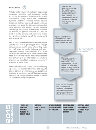 7 MEDIA 2015: The Future of Media
A Media Buffet future reflects highly fragmented
consumer attention and restrained media
access. In this scenario, consumers dip in and
out of media, taking a little of what catches their
eye here and there. They use multiple devices
to sample multiple sources, because no single
provider ever gives the complete picture. But
their appetites are limited, perhaps because
technology and content access is not seamless
or relevant, or perhaps because of a lack of
trust in media owners and marketers means
they are keen to tune out of the media world
and into real life.
This is a task-oriented scenario in which people
use the best tool to get the job done. Though
consumers are careful about whom they trust,
they will draw on media industry and user-
developed content even-handedly if it helps
them get the information or entertainment they
need. Brand marketers and media organizations
that deliver spot-on information via multiple
channels are most likely to capture consumers’
attention at some point.
There are precursors to this scenario showing
up today. The number of devices and ways to
access content are increasing, yet people are
choosing to sometimes turn off. Even companies
like Intel are encouraging employees to switch
off from email at certain periods.
MEDIA BUFFET
Send ask for vacation
tips to immediate
network. Don‘t expect
too many responses.
Seeing them later and
they’ll fill me in then.
Planning a vacation
with husband and
kids. Visit a few
aggregators. End up
at one I‘ve tried and
tested before. Request
opt out on all personal
information use.
Spend lunch flitting
between news sites
in current top ten list.
None engage me long.
Check a few
sources on the TV
for traffic news,
Get annoyed with
all the embedded
ads. Thought I‘d
filtered those out of
preferences. Decide
just to head out
instead.
2015
HEADLINES
‘switch off’
consumer
movement
marches on
silicon valley
Attention deficit
disorder listed
as global health
crisis
device and data
management is
the big growth
industry
New survey finds
trust in media at
all-time low
100th wiki
copycat site is
launched
A DAY IN THE LIFE:
media buffet
 