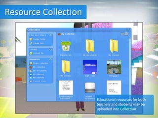 Resource Collection




                      Educational resources for both
                      teachers and students may be
                      uploaded into Collection.
 