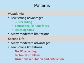 Patterns
vAcademia
• Few strong advantages
  • 3D recording
  • Educational/serious focus
  • Teaching tools
• Many moderate limitations
Second Life
• Many moderate advantages
• Few strong limitations
  • No 3D recording
  • Technical problems
  • Unserious reputation and distruction
 