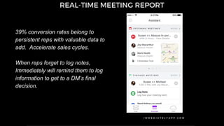 39% conversion rates belong to
persistent reps with valuable data to
add. Accelerate sales cycles.
When reps forget to log notes,
Immediately will remind them to log
information to get to a DM’s final
decision.
 