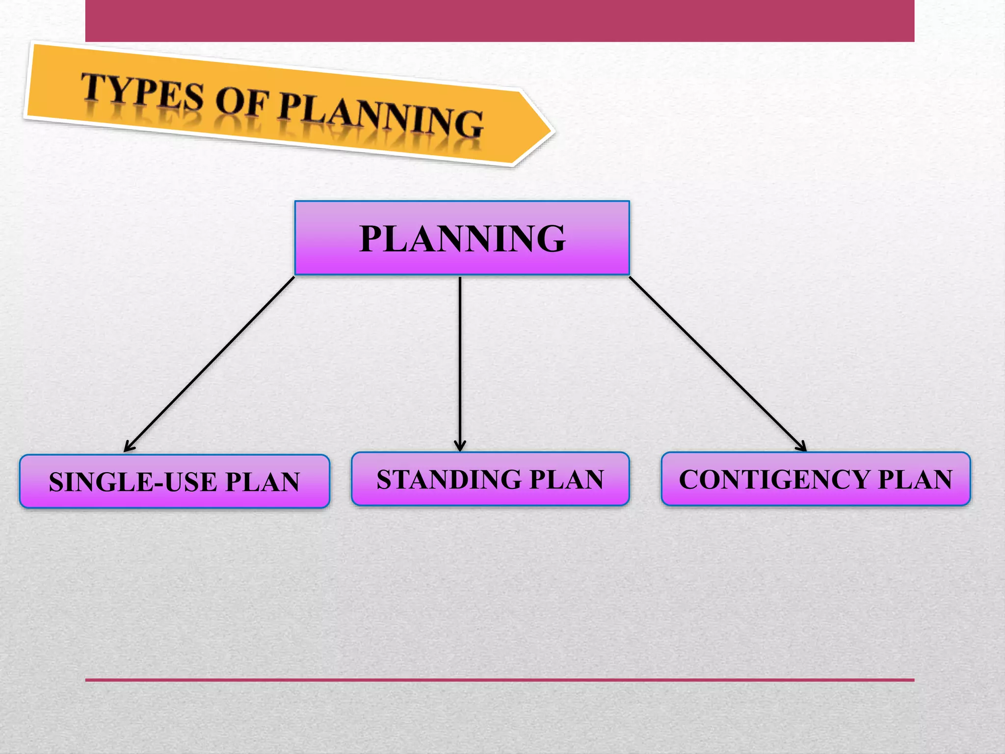 PLANNING
SINGLE-USE PLAN STANDING PLAN CONTIGENCY PLAN
 