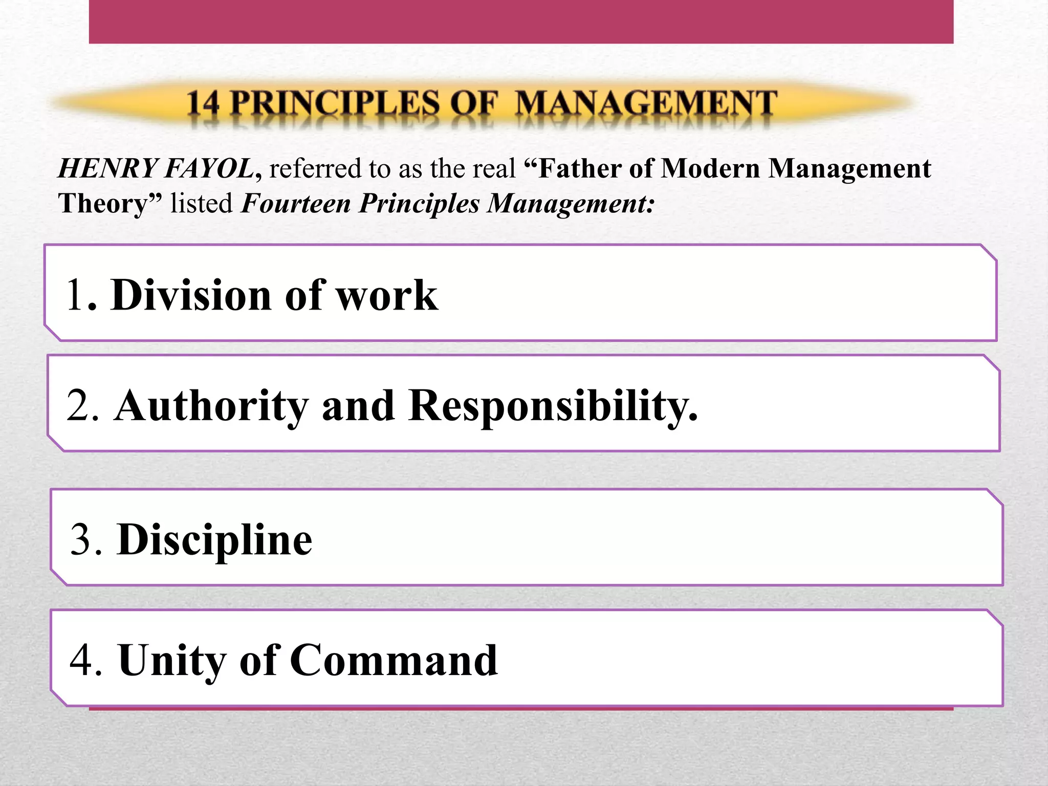 HENRY FAYOL, referred to as the real “Father of Modern Management
Theory” listed Fourteen Principles Management:
1. Division of work
2. Authority and Responsibility.
3. Discipline
4. Unity of Command
 