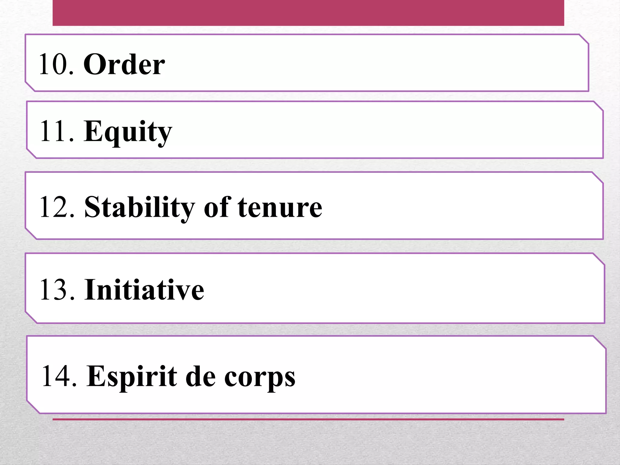 10. Order
11. Equity
12. Stability of tenure
13. Initiative
14. Espirit de corps
 