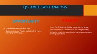 OPPORTUNITY
• Huge Middle Class Customer Base
• Opportunity in the Foreign Market(Italy & France
according to the case).
Q1- AMEX SWOT ANALYSIS
THREATS
 