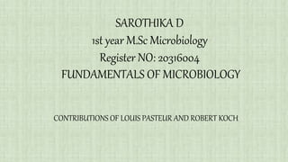 CONTRIBUTIONS OF LOUIS PASTEUR AND ROBERT KOCH
SAROTHIKA D
1st year M.Sc Microbiology
Register NO: 20316004
FUNDAMENTALS OF MICROBIOLOGY
 
