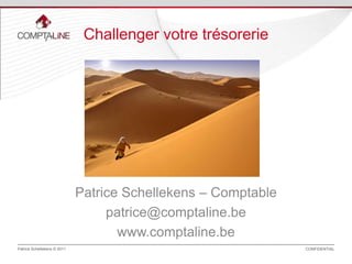 Challenger votre trésorerie

Patrice Schellekens – Comptable
patrice@comptaline.be
www.comptaline.be
Patrice Schellekens © 2011

CONFIDENTIAL

 
