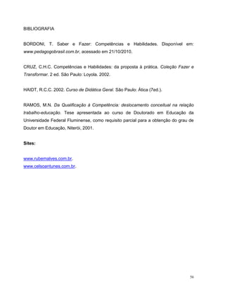56
BIBLIOGRAFIA
BORDONI, T. Saber e Fazer: Competências e Habilidades. Disponível em:
www.pedagogobrasil.com.br, acessado em 21/10/2010.
CRUZ, C.H.C. Competências e Habilidades: da proposta à prática. Coleção Fazer e
Transformar. 2 ed. São Paulo: Loyola. 2002.
HAIDT, R.C.C. 2002. Curso de Didática Geral. São Paulo: Ática (7ed.).
RAMOS, M.N. Da Qualificação à Competência: deslocamento conceitual na relação
trabalho-educação. Tese apresentada ao curso de Doutorado em Educação da
Universidade Federal Fluminense, como requisito parcial para a obtenção do grau de
Doutor em Educação, Niterói, 2001.
Sites:
www.rubemalves.com.br.
www.celsoantunes.com.br.
 