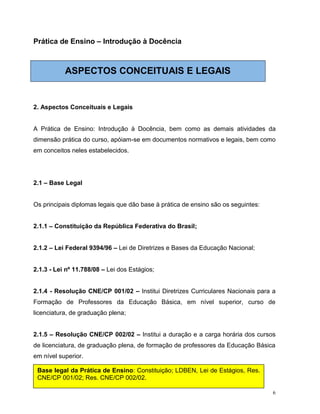 6
Prática de Ensino – Introdução à Docência
ASPECTOS CONCEITUAIS E LEGAIS
2. Aspectos Conceituais e Legais
A Prática de Ensino: Introdução à Docência, bem como as demais atividades da
dimensão prática do curso, apóiam-se em documentos normativos e legais, bem como
em conceitos neles estabelecidos.
2.1 – Base Legal
Os principais diplomas legais que dão base à prática de ensino são os seguintes:
2.1.1 – Constituição da República Federativa do Brasil;
2.1.2 – Lei Federal 9394/96 – Lei de Diretrizes e Bases da Educação Nacional;
2.1.3 - Lei nº 11.788/08 – Lei dos Estágios;
2.1.4 - Resolução CNE/CP 001/02 – Institui Diretrizes Curriculares Nacionais para a
Formação de Professores da Educação Básica, em nível superior, curso de
licenciatura, de graduação plena;
2.1.5 – Resolução CNE/CP 002/02 – Institui a duração e a carga horária dos cursos
de licenciatura, de graduação plena, de formação de professores da Educação Básica
em nível superior.
Base legal da Prática de Ensino: Constituição; LDBEN, Lei de Estágios, Res.
CNE/CP 001/02; Res. CNE/CP 002/02.
 