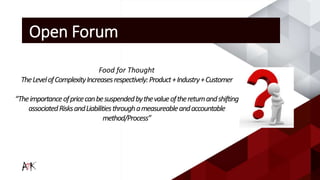 Open Forum
Food for Thought
TheLevelofComplexityIncreasesrespectively:Product+Industry+Customer
“Theimportanceofpricecanbesuspendedbythevalueofthereturnandshifting
associatedRisksandLiabilitiesthroughameasureableandaccountable
method/Process”
 