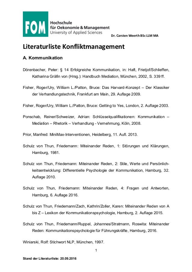 FOM Konfliktmanagement Literaturliste 2016