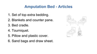 Amputation Bed - Articles
1. Set of top extra bedding.
2. Blankets and counter pane.
3. Bed cradle.
4. Tourniquet.
5. Pillow and plastic cover.
6. Sand bags and draw sheet.
 