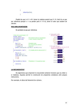 22
{
return(vo/re);
}
Float& diu que v=V i r=R i tenen la mateixa posició que V i R. Això és un pas
per referència perquè v i r es perden però V i R no, tenen el valor que acabem de
calcular.
PAS AMB APUNTADOR
És semblant al pas per referència
LA RECURSIVITAT
Els algorismes que emprenen la recursivitat contenen funcions que es criden a
si mateixes. Aquesta permet la construcció de programes complexos amb poques
instruccions.
Per exemple, el càlcul del factorial d’un número.
 