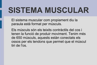 SISTEMA MUSCULAR
El sistema muscular com propiament diu la
paraula està format per músculs.
Els músculs són els teixits contràctils del cos i
tenen la funció de produir moviment. Tenim més
de 650 músculs, aquests estàn conectats els
ossos per els tendons que permet que el múscul
tiri de l'os.

 