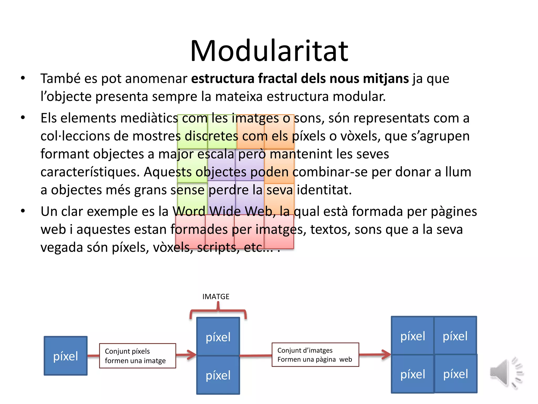 Modularitat
• També es pot anomenar estructura fractal dels nous mitjans ja que
  l’objecte presenta sempre la mateixa estructura modular.
• Els elements mediàtics com les imatges o sons, són representats com a
  col·leccions de mostres discretes com els píxels o vòxels, que s’agrupen
  formant objectes a major escala però mantenint les seves
  característiques. Aquests objectes poden combinar-se per donar a llum
  a objectes més grans sense perdre la seva identitat.
• Un clar exemple es la Word Wide Web, la qual està formada per pàgines
  web i aquestes estan formades per imatges, textos, sons que a la seva
  vegada són píxels, vòxels, scripts, etc... .


                                 IMATGE




                                  píxel                           píxel   píxel
             Conjunt píxels               Conjunt d’imatges
     píxel   formen una imatge            Formen una pàgina web

                                  píxel                           píxel   píxel
 