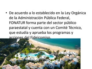 • De acuerdo a lo establecido en la Ley Orgánica
  de la Administración Pública Federal,
  FONATUR forma parte del sector público
  paraestatal y cuenta con un Comité Técnico,
  que estudia y aprueba los programas y
  acciones del Fideicomiso.
 