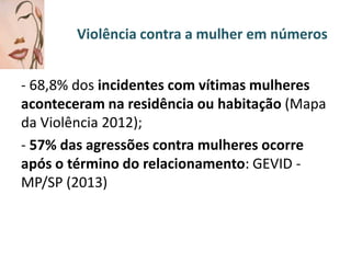 Violência contra a mulher em números
- 68,8% dos incidentes com vítimas mulheres
aconteceram na residência ou habitação (Mapa
da Violência 2012);
- 57% das agressões contra mulheres ocorre
após o término do relacionamento: GEVID MP/SP (2013)

 