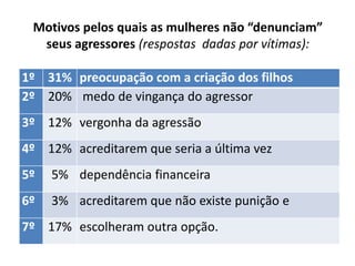 Motivos pelos quais as mulheres não “denunciam”
seus agressores (respostas dadas por vítimas):
1º 31% preocupação com a criação dos filhos
2º 20% medo de vingança do agressor
3º 12% vergonha da agressão
4º 12% acreditarem que seria a última vez
5º

5% dependência financeira

6º

3% acreditarem que não existe punição e

7º 17% escolheram outra opção.

 