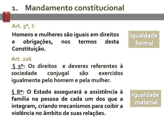 1. Mandamento constitucional
Art. 5º, I:
Homens e mulheres são iguais em direitos
e obrigações, nos termos desta
Constituição.
Art. 226
§ 5º: Os direitos e deveres referentes à
sociedade
conjugal
são
exercidos
igualmente pelo homem e pela mulher.
§ 8º: O Estado assegurará a assistência à
família na pessoa de cada um dos que a
integram, criando mecanismos para coibir a
violência no âmbito de suas relações.

 