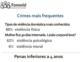 Crimes mais frequentes
Tipos de violência doméstica mais conhecidos

80% violência física
Mulher fica 30 dias internada. Lesão corporal leve?

62% violência psicológica
6% violência moral

Penas inferiores a 4 anos

 