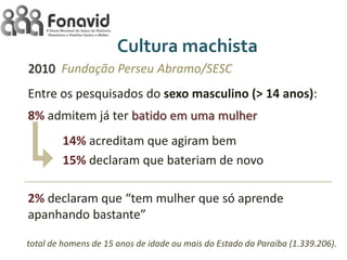 Cultura machista
2010 Fundação Perseu Abramo/SESC
Entre os pesquisados do sexo masculino (> 14 anos):
8% admitem já ter batido em uma mulher

14% acreditam que agiram bem
15% declaram que bateriam de novo
2% declaram que “tem mulher que só aprende
apanhando bastante”
total de homens de 15 anos de idade ou mais do Estado da Paraíba (1.339.206).

 