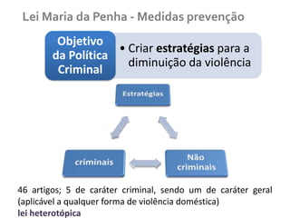 Lei Maria da Penha - Medidas prevenção
Objetivo
• Criar estratégias para a
da Política
diminuição da violência
Criminal

46 artigos; 5 de caráter criminal, sendo um de caráter geral
(aplicável a qualquer forma de violência doméstica)
lei heterotópica

 