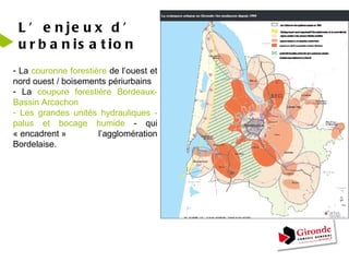 L’enjeux d’ urbanisation La  couronne forestière  de l’ouest et nord ouest / boisements périurbains  La  coupure forestière Bordeaux- Bassin Arcachon Les grandes unités hydrauliques - palus et bocage humide  - qui « encadrent » l’agglomération Bordelaise. 