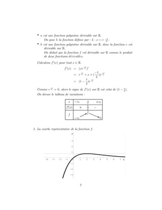 * u est une fonction polynôme dérivable sur R:
On pose h la fonction dé…nie par : h : x 7 ! x
2
:
* h est une fonction polynôme dérivable sur R; donc la fonction v est
dérivable sur R:
On déduit que la fonction f est dérivable sur R comme le produit
de deux fonctions derivables:
Calculons f0
(x) pour tout x 2 R:
f0
(x) = (xe
x
2 )0
= e
x
2 + x (
1
2
)e
x
2
= (1
x
2
)e
x
2
Comme e
x
2 0, alors le signe de f0
(x) sur R est celui de (1 x
2
):
On dresse le tableau de variations :
3. La courbe représentative de la fonction f:
2 3 4 5 6 7
-1
-2
-3
-4
2
3
-1
-2
-3
0 1
1
x
y
7
 
