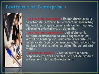• Le directeur marketing : En lien étroit avec la
direction de l’entreprise, le directeur marketing
élabore la politique commerciale de l’entreprise,
détermine orientations et objectifs.
• Le directeur commercial : doit élaborer la
politique commerciale en vue d’augmenter les
ventes de l’entreprise. Pour cela, il recrute les
membres de l’équipe commerciale, les dirige et les
motive afin d’atteindre les objectifs qui ont été
établis.
• Le chef de produit : C’est un poste à haute
responsabilité, très complet. Le chef de produit
est responsable du développement
 