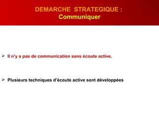  Il n’y a pas de communication sans écoute active.
 Plusieurs techniques d’écoute active sont développées
DEMARCHE STRATEGIQUE :
Communiquer
 