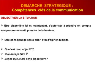 OBJECTIVER LA SITUATION
 Etre disponible ici et maintenant, s’autoriser à prendre en compte
son propre ressenti, prendre de la hauteur.
 Etre conscient de ses a priori afin d’agir en lucidité.
 Quel est mon objectif ?,
 Que dois-je faire ?
 Est ce que je me sens en confort ?
DEMARCHE STRATEGIQUE :
Compétences clés de la communication
 