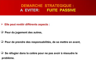  Elle peut revêtir différents aspects :
 Peur du jugement des autres,
 Peur de prendre des responsabilités, de se mettre en avant,
 Se réfugier dans la colère pour ne pas avoir à résoudre le
problème.
DEMARCHE STRATEGIQUE :
A EVITER: FUITE PASSIVE
 