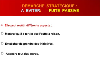  Elle peut revêtir différents aspects :
 Montrer qu’il a tort et que l’autre a raison,
 Empêcher de prendre des initiatives,
 Attendre tout des autres,
DEMARCHE STRATEGIQUE :
A EVITER: FUITE PASSIVE
 