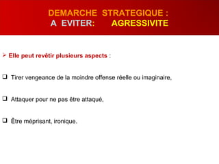  Elle peut revêtir plusieurs aspects :
 Tirer vengeance de la moindre offense réelle ou imaginaire,
 Attaquer pour ne pas être attaqué,
 Être méprisant, ironique.
DEMARCHE STRATEGIQUE :
A EVITER: AGRESSIVITE
 