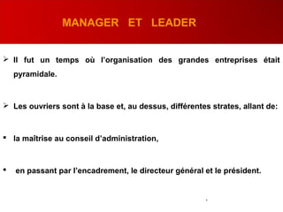 MANAGER ET LEADER
 Il fut un temps où l’organisation des grandes entreprises était
pyramidale.
 Les ouvriers sont à la base et, au dessus, différentes strates, allant de:
 la maîtrise au conseil d’administration,
 en passant par l’encadrement, le directeur général et le président.
.
 