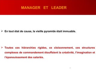 MANAGER ET LEADER
 En tout état de cause, la vieille pyramide était immuable.
 Toutes ces hiérarchies rigides, ce cloisonnement, ces structures
complexes de commandement étouffaient la créativité, l’imagination et
l’épanouissement des salariés.
.
 