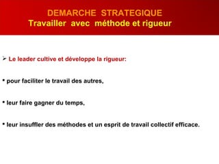 DEMARCHE STRATEGIQUE
Travailler avec méthode et rigueur
 Le leader cultive et développe la rigueur:
 pour faciliter le travail des autres,
 leur faire gagner du temps,
 leur insuffler des méthodes et un esprit de travail collectif efficace.
 