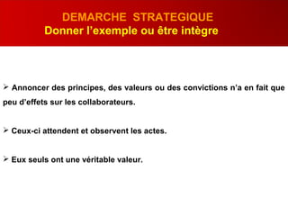 DEMARCHE STRATEGIQUE
Donner l’exemple ou être intègre
 Annoncer des principes, des valeurs ou des convictions n’a en fait que
peu d’effets sur les collaborateurs.
 Ceux-ci attendent et observent les actes.
 Eux seuls ont une véritable valeur.
 