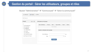 21
Gestion du portail : Gérer les utilisateurs, groupes et rôles
Bouton “Administration”  “Communauté”  “Gérer la commun...