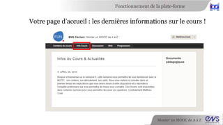 Fonctionnement de la plate-forme 
Votre page d’accueil : les dernières informations sur le cours ! 
Monter un MOOC de A à Z 
 