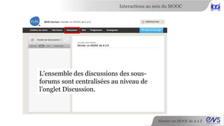 Interactions au sein du MOOC 
Monter un MOOC de A à Z 
N’appuyez pas là. Nous devrons 
supprimer les messages ainsi créés 
pour maintenir l’ergonomie des 
forums (impossibilité de les déplacer) 
 