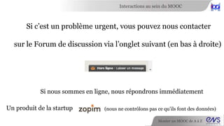 Interactions au sein du MOOC 
Mais ce n’est pas terminé ! 
Monter un MOOC de A à Z 
 